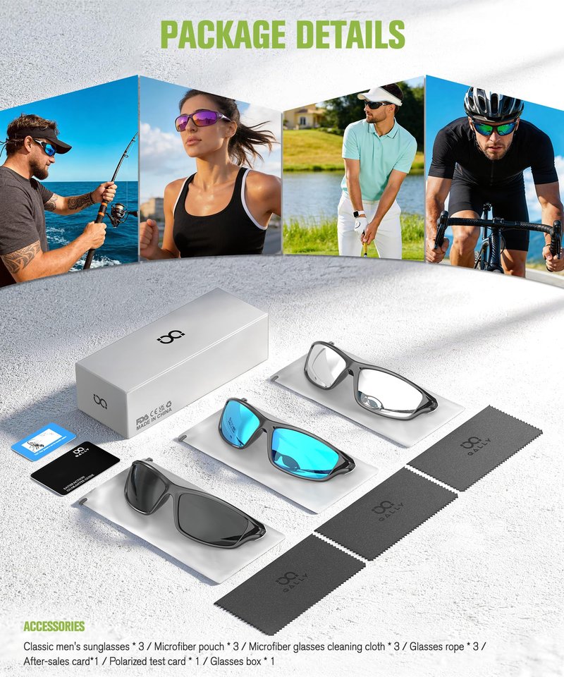 QALLY Polarized Sunglasses Men Sports Sunglasses for Men UV400 Sunglasses for Driving Golf Cycling Fishing Running