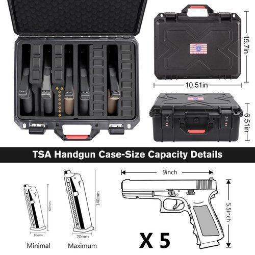 Kinghardcase Built-In Lock TSA Gun Case for Handguns, 5 Pistol Case & 21 Magazinesโ Pre-Cut Multiple Pistols Heavy Duty WaterProof & Shock Proof, TSA Approved Firearm Travel Case with Desiccant