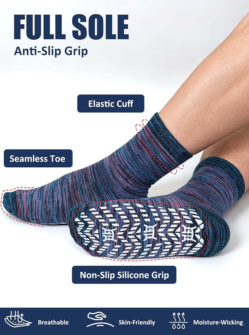 Non Slip Grip Socks for Men & Women - 5 Pairs Gray Blue Green Orange Purple - Anti-Slip Elderly Hospital Socks