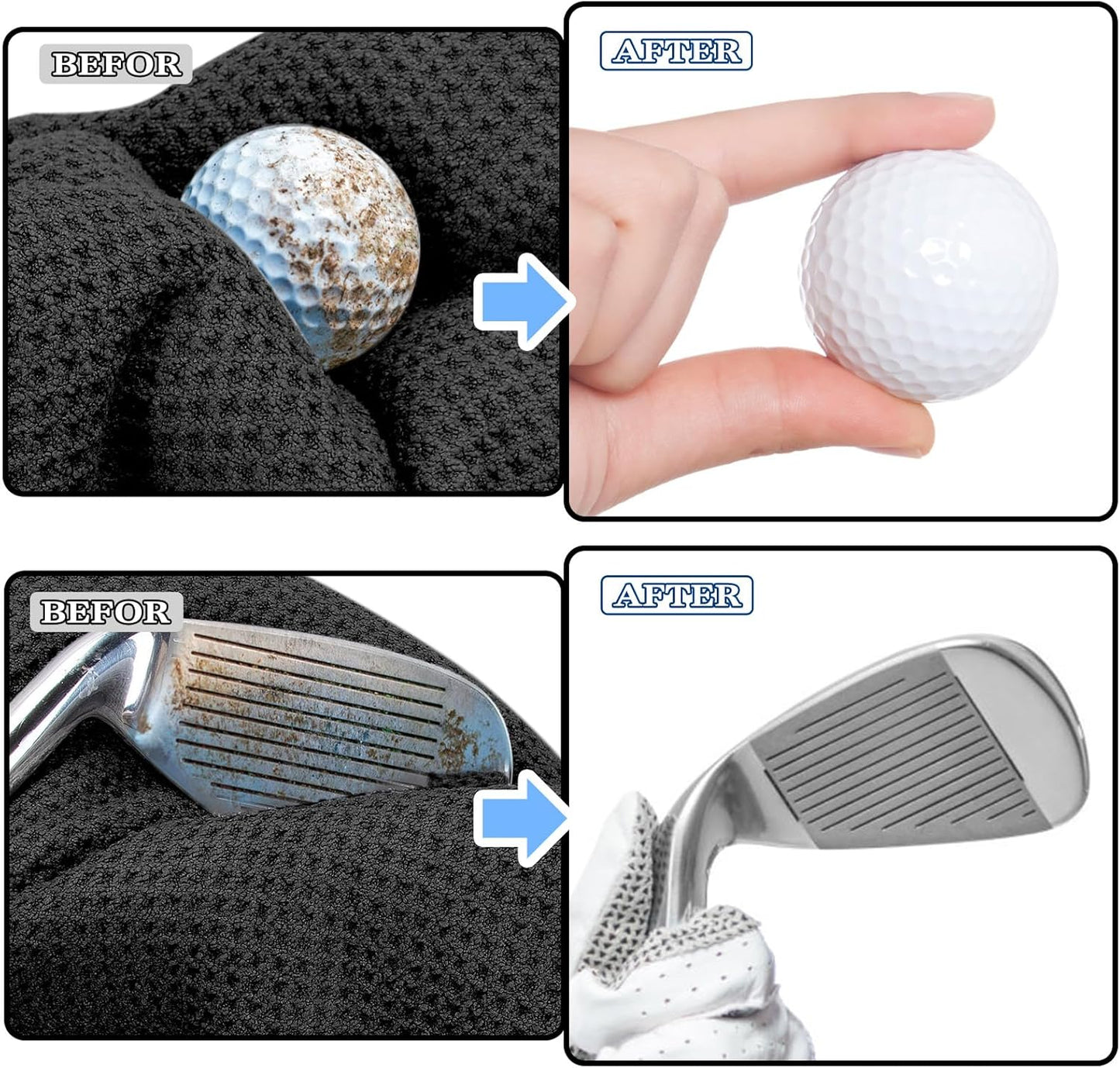 2 Pack Golf Towel (16" X 16") with Golf Club Brush, Microfiber Waffle Pattern Golf Towels for Golf Bags for Men,Essential Golf Combo Cleaning Kit (Black)