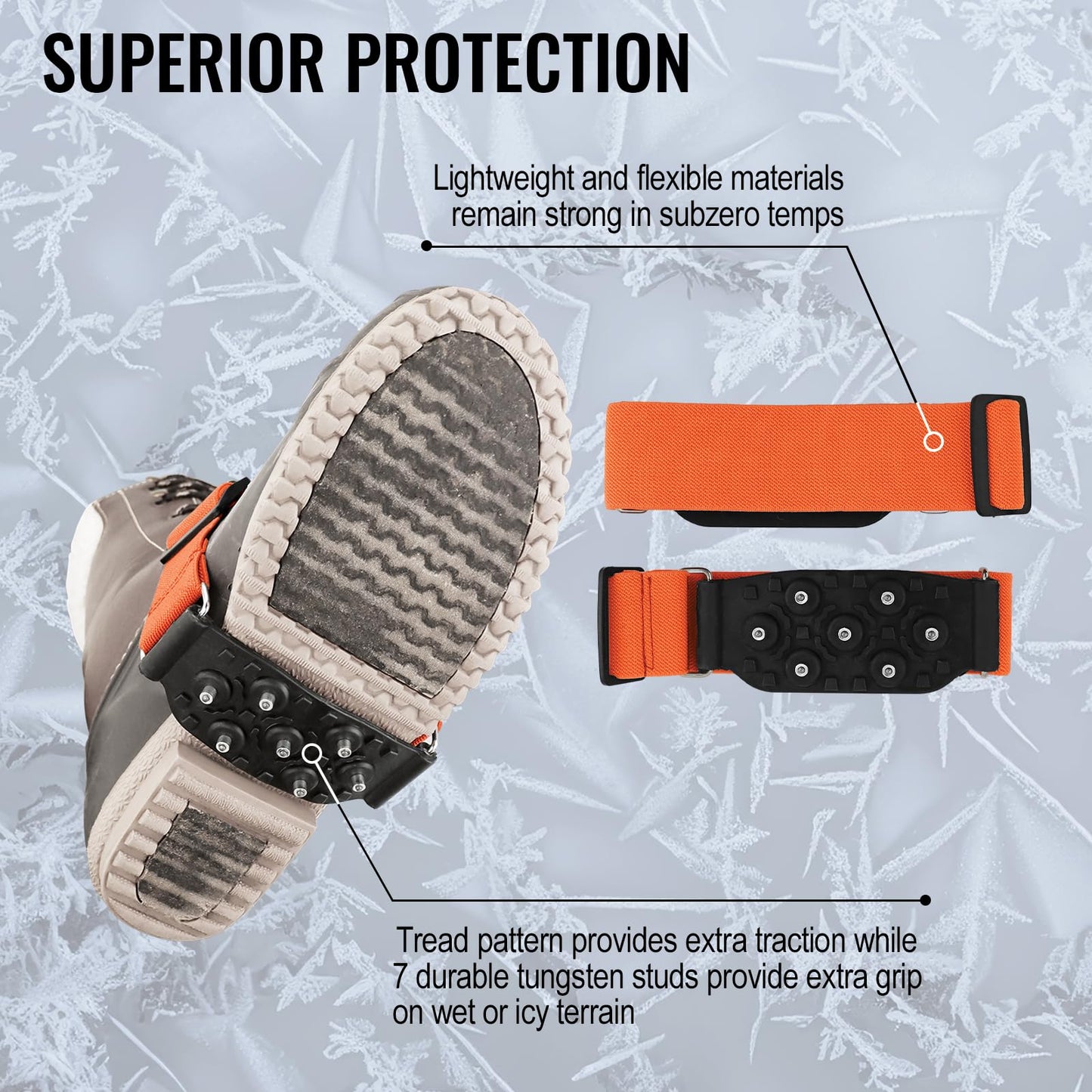 Ice Gripster Treads Nonslip Traction Cleats for Snow and Ice, Anti-Slip Overshoe Mid-Sole Crampons with Adjustable Straps, 7 Tungsten Studs for Secure Grip, Orange and Black