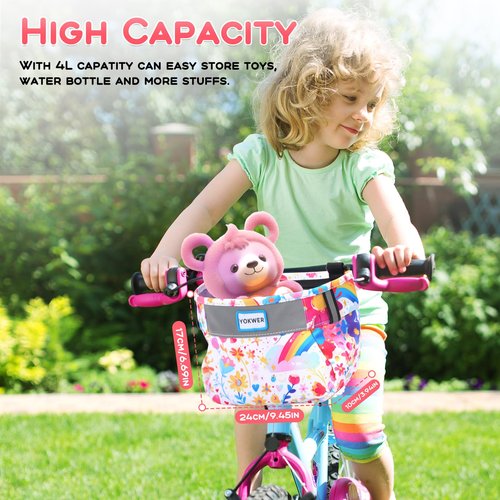 YOKWER Kids Bike Basket Front for Boys Girls, Waterproof Bicycle Front Basket Handlebar Bag with Reflective Safety Straps, Easy to Install Kids Bike Scooter Accessories (Pink Flower)