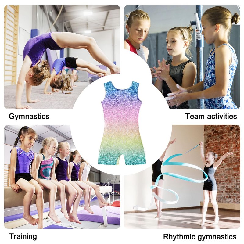 Funnycokid Gymnastics Leotards for Girls Dance Outfits Unitard Sparkly Clothes with Shorts, diamond rainbow, 5-6 Years