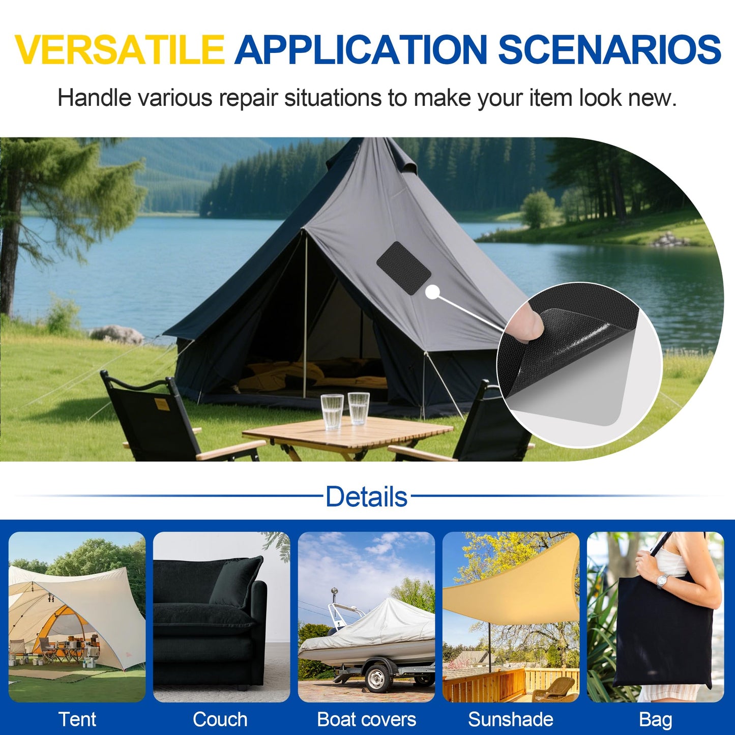 YIKAD Fabric Repair Tape, Self Adhesive Canvas Repair Patch, Waterproof Outdoor Canvas Tape/Patch Kit for Sun Shades Clothing Tent Awnings Boat Cover Couches Dark Blue 4x71 inch