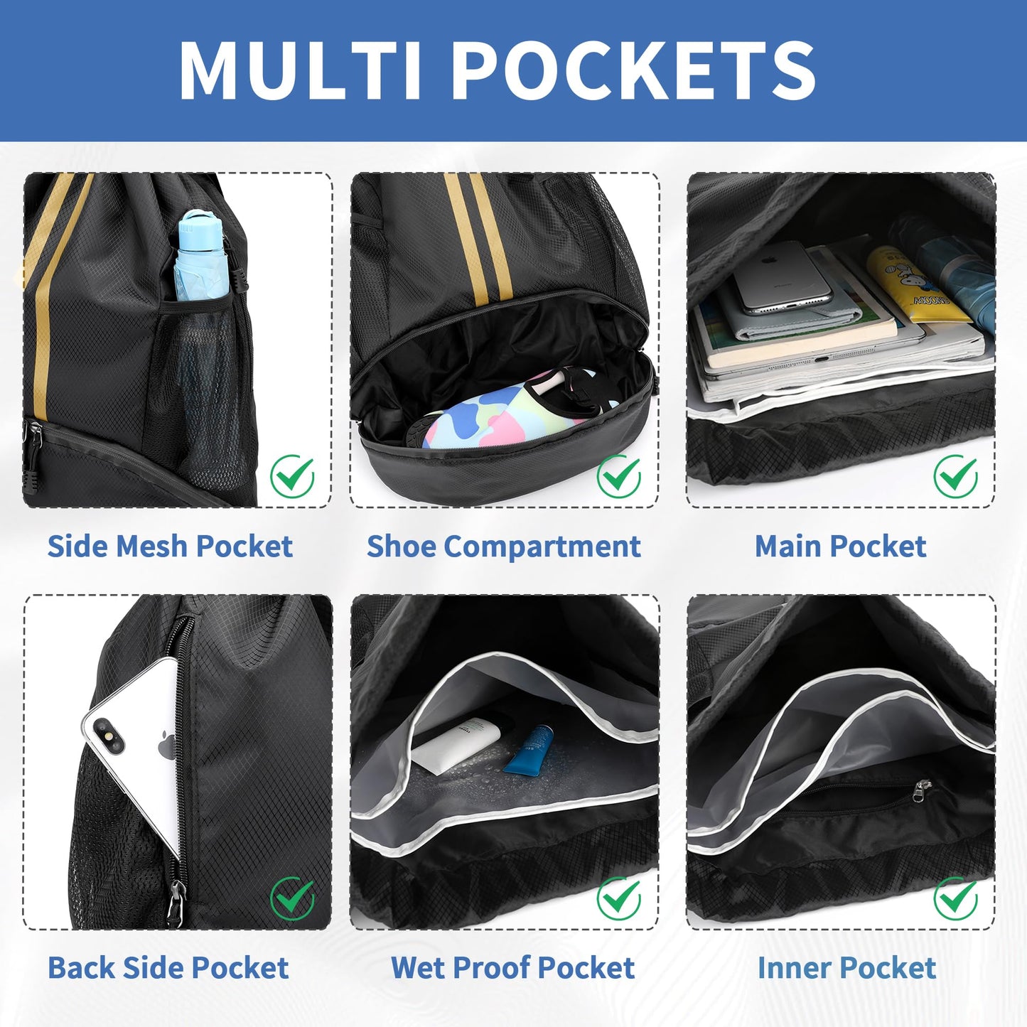 JELUTAR Drawstring Backpack Gym Bag with Shoes Pocket, Black Gold