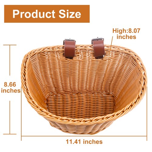 Woven Plastic Bike Baskets- Front D-Shaped Bike Bicycle Basket | Handlebar Storage Container with 2 Adjustable Leather Straps (Brown&Adults)