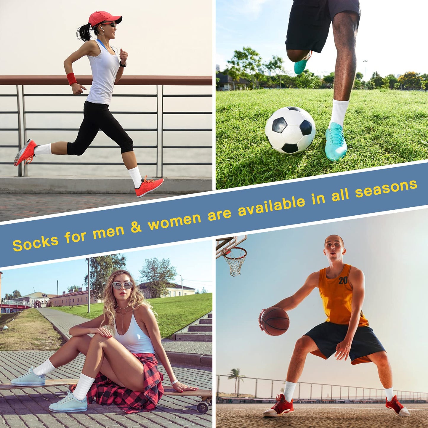 Felicigeely Athletic Crew Socks Cushion Running Socks Performance Breathable Sports Socks for Men (US, Numeric, 9, 12, Regular, Regular, White)