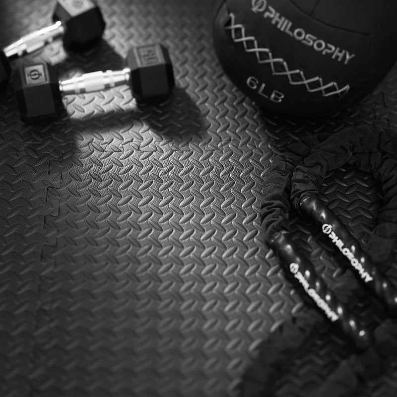 Philosophy Gym Pack of 12 Exercise Flooring Mats - 12 x 12 Inch Foam Rubber Interlocking Puzzle Floor Tiles - Black