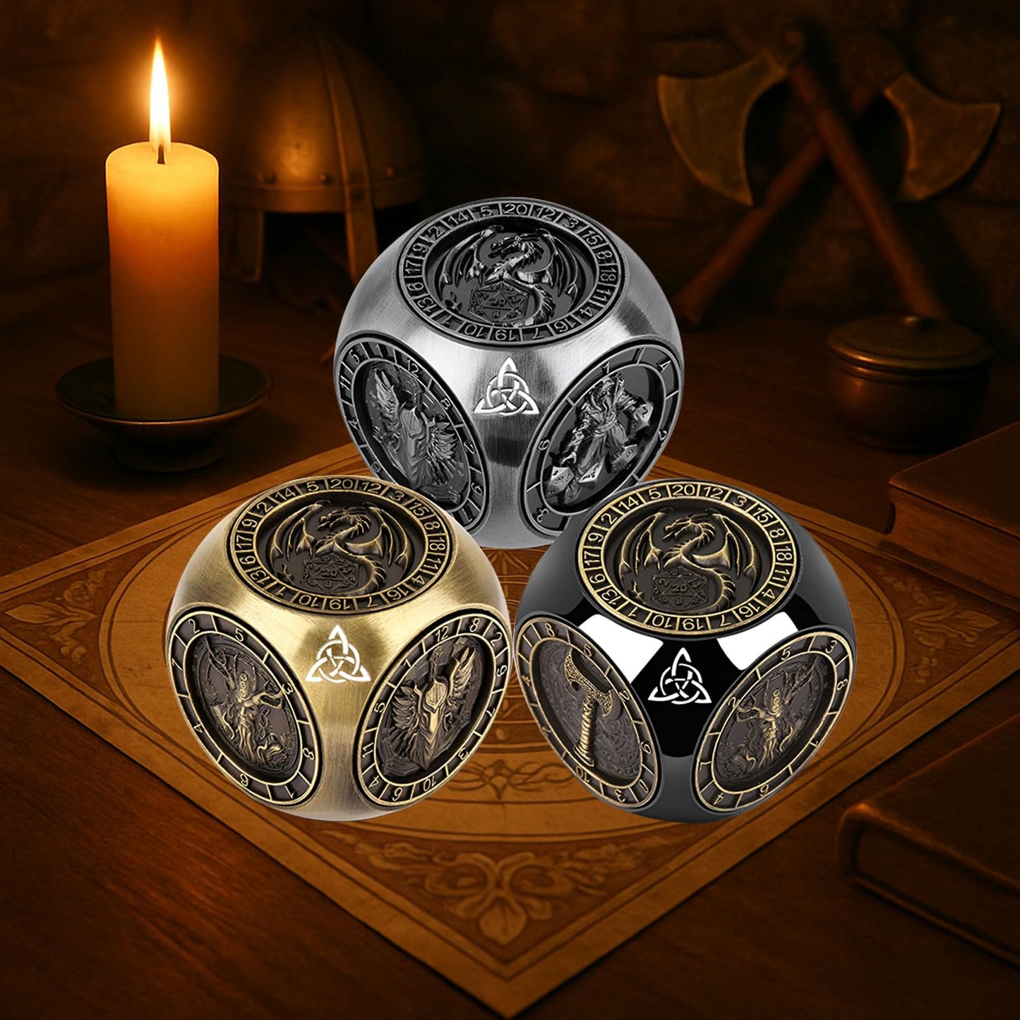 2025 New DND Spinner Dice for Dungeons and Dragons Gifts, 7-in-1 Metal Dice Set with 3D Relief, Polyhedral Roleplaying Game Dice, Fantasy D&D Tabletop RPG Accessories for DM & Player (Black-Gold)
