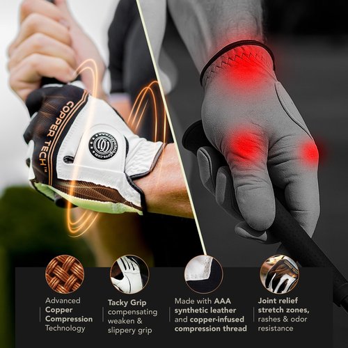 Copper Tech Golf Gloves Men Right Handed Golfer & Left Handed Golfer (2 Pack) | Copper Compression Joint Support | Flexible & Comfortable Fit with Premium Leather | Tacky Reinforced Palm Pad with Grip