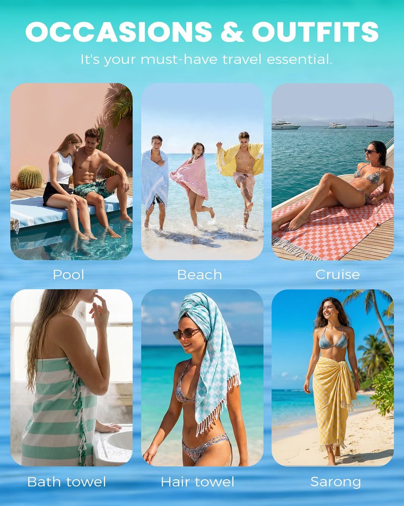 Checkered Plaid Cotton Turkish Beach Towels Sandproof Quick Dry Thin Over Size 40 x 72 Toallas de Playa Organic Blanket Mat Cruise Essentials Summer Vacation Accessories Travel Must Haves Gear Items