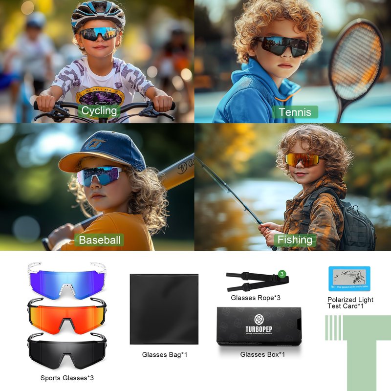 TURBOPEP 3 Pack Kids Polarized Sunglasses - Youth Baseball Sunglasses for Boys Girls Age 3-12 Sports UV Protection Goggles
