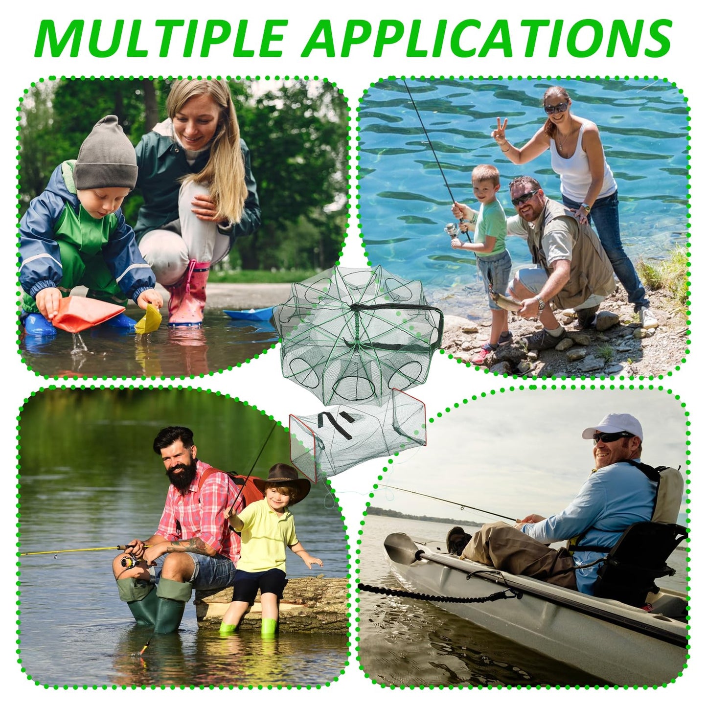 2PCS Fishing Bait Trap Crab Net 10 Holes and 2 PCS Square Crab Crawfish Trap Fishing Trap for Minnow Crawfish Shrimp Crawdad with Rope Large Fishing Net for Bait Fish