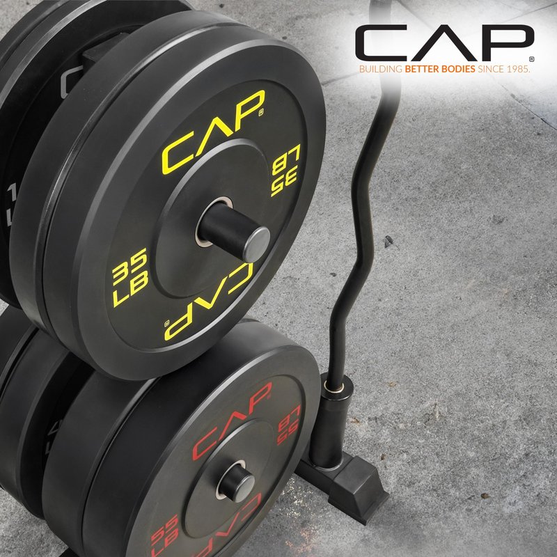 CAP 370 lb Economy Speckled Olympic Bumper Plate Set with Storage Rack, 2-Inch Olympic Plates, Medium Bounce Rubber Weight Plates with Steel Hub, 6 Weight Posts & 4 Barbell Holders for Weightlifting, Strength Training & Home Gym Workouts
