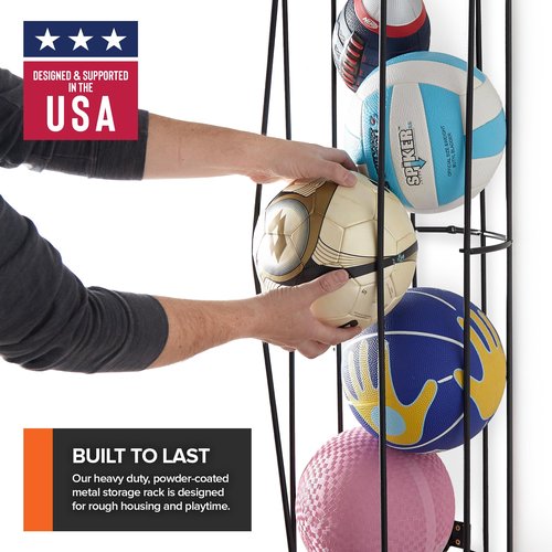 Vertical Ball Storage Rack, Wall-Mounted Garage Sports Equipment Organizer, Soccer Ball, Volley Ball, Football, and Basketball Holder, Space-Saving Vertical Ball Rack for Garage, Gym, or Playroom