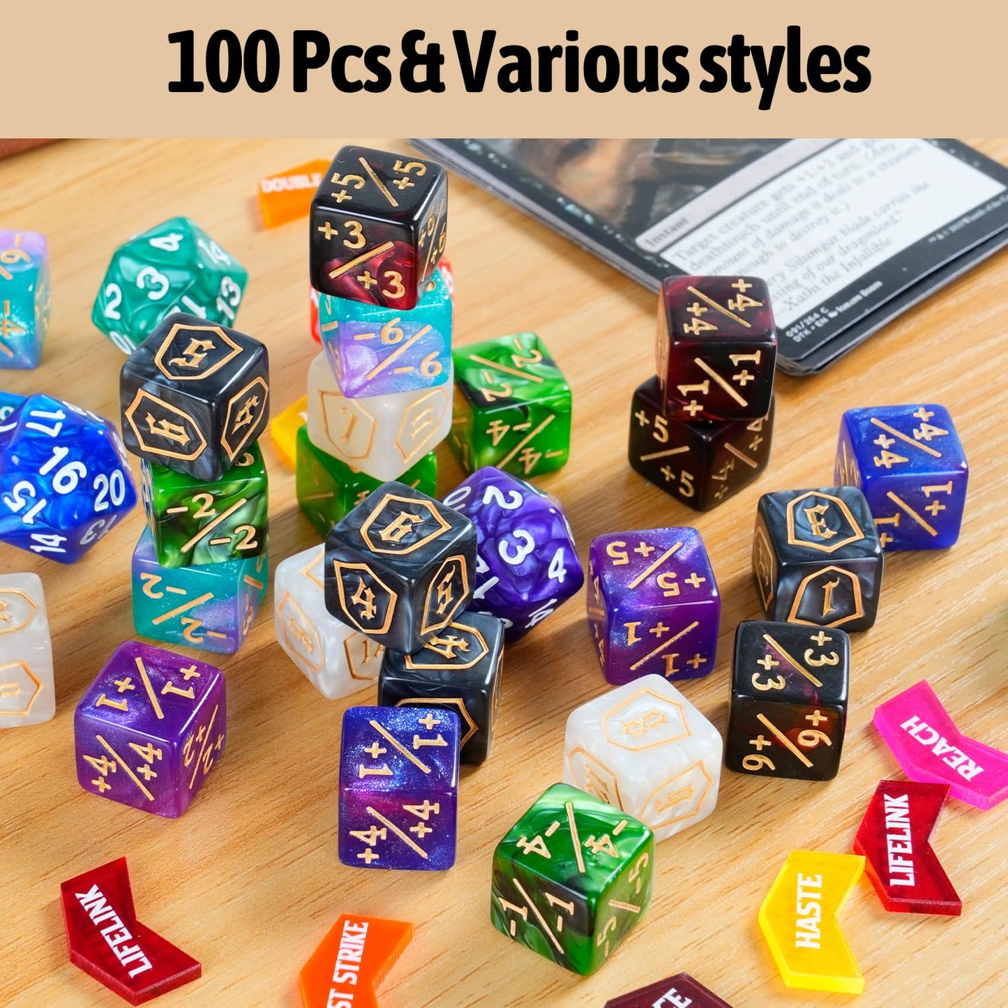 100 Pieces MTG Dice Keyword Counter Set Life Counter Game Tokens for Magic The Gathering Includes 36 Acrylic Keyword Counters +1/-1 Dice, Shield Dice, D20 Spindowns, Velvet Bags & Storage Box