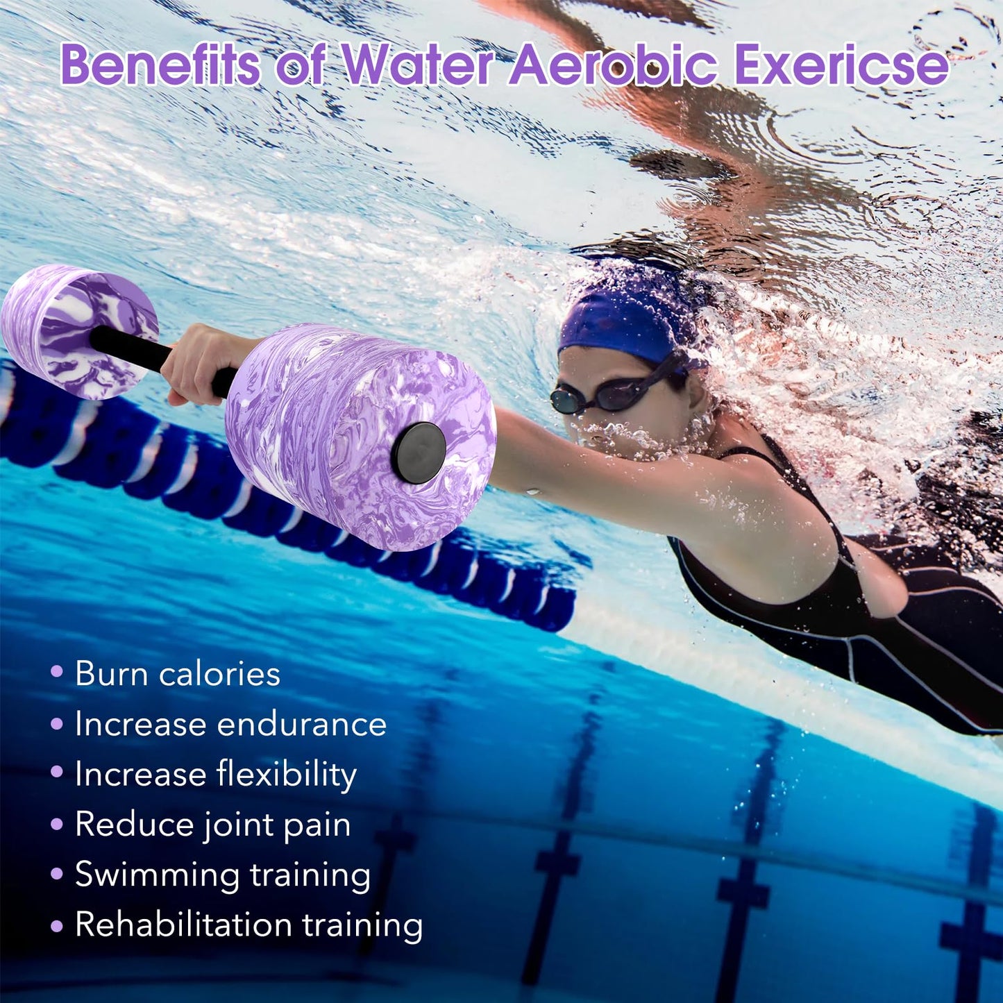 IEBIYO 29.3’’Swimming Barbell Swim Dumbbell with Water Exercise Discs High Density EVA Foam Aquatic Exercise Equipment Swimming Aid for Adults (Purple)