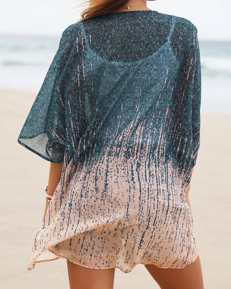 Women's Floral Kimono Print Puff Sleeve Loose Cardigan Cover Up Casual Blouse Tops (Grey Coral, 3XL)