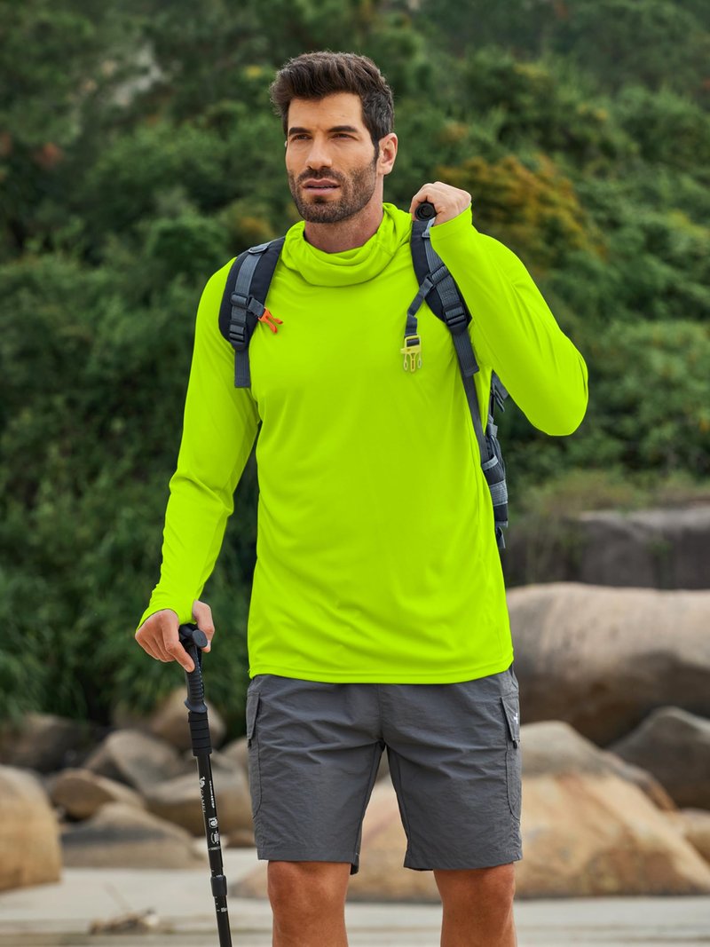 Men's Sun Hoodie Shirt with Mask UPF 50+ Fishing Shirts for Men UV Protection Shirts Long Sleeve Rash Guard Hiking Clothes L Lemon Green