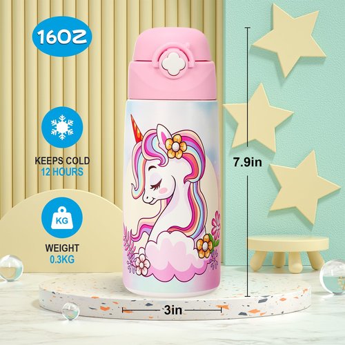 Ntswasd Girls Insulated Water Bottle with Covered Pop-Up Straw,16 oz Kids Cups with Stainless Steel Leak Proof for School Pink(Unicorn)