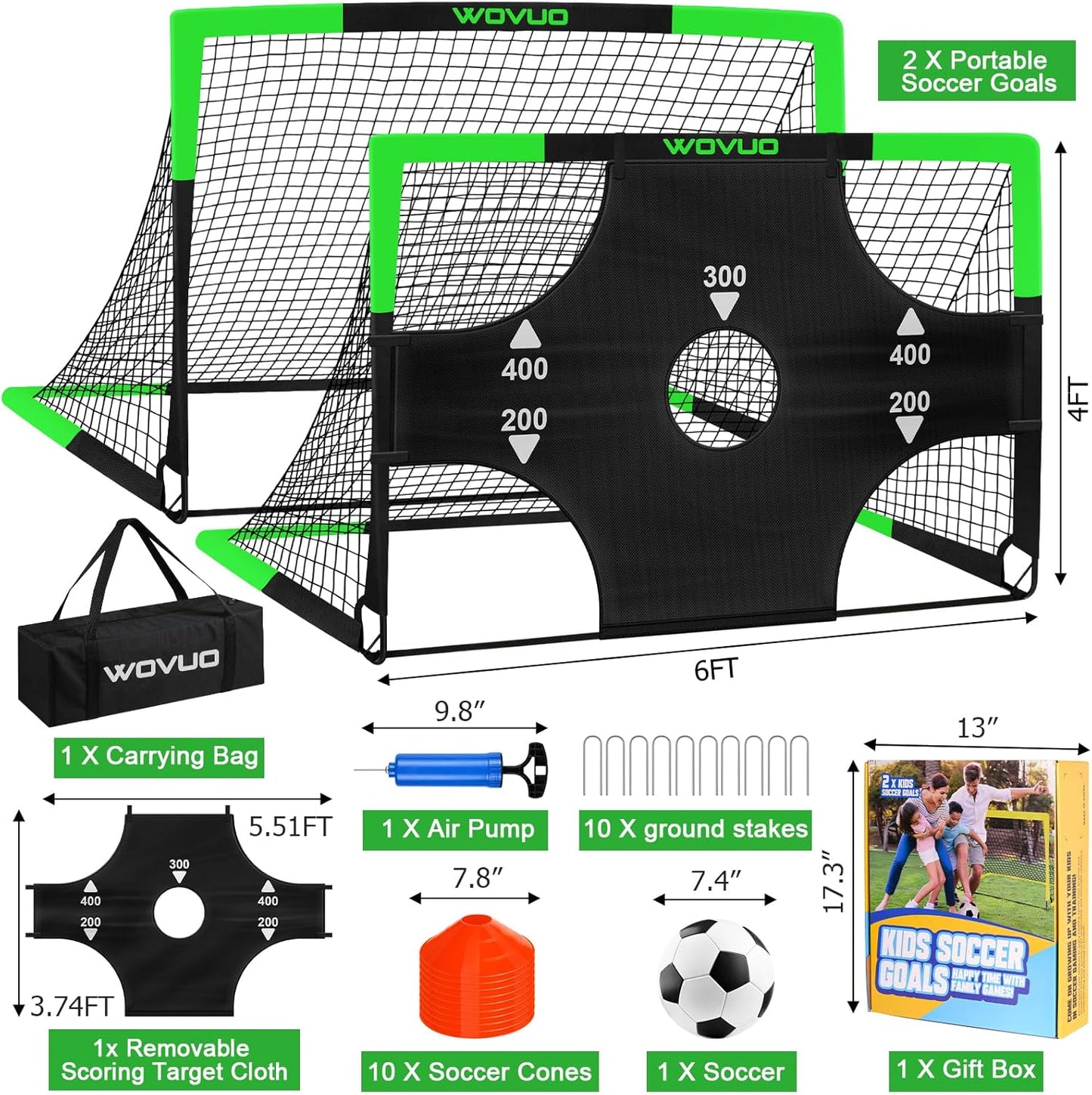 Kids Soccer Goals for Backyard Set of 2, 6x4 ft Portable Toddler Soccer Goal Training Equipment with Soccer Target, Ball, Cones, Soccer Net for Kids Age 3-5 6-8 8-12 10-12-14 Outdoor Sports Games Gift