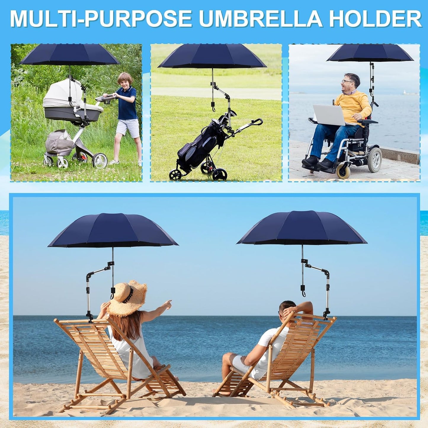 2 Pcs Beach Chair Umbrella with Clamp 49.2" 360° Adjustable Golf Umbrella with Clip and Retractable Stand Sun Shade for Camping Outdoor Travel Patio Wheelchair Golf Cart Stroller