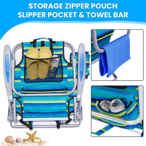 Canpsky Portable Beach Chair for Adults, Outdoor Camping Chair Lay Flat Folding Backpack Beach Reclining Chair with 5 Positions, Headrest, Cup Holder, Heavy Ocean Striped