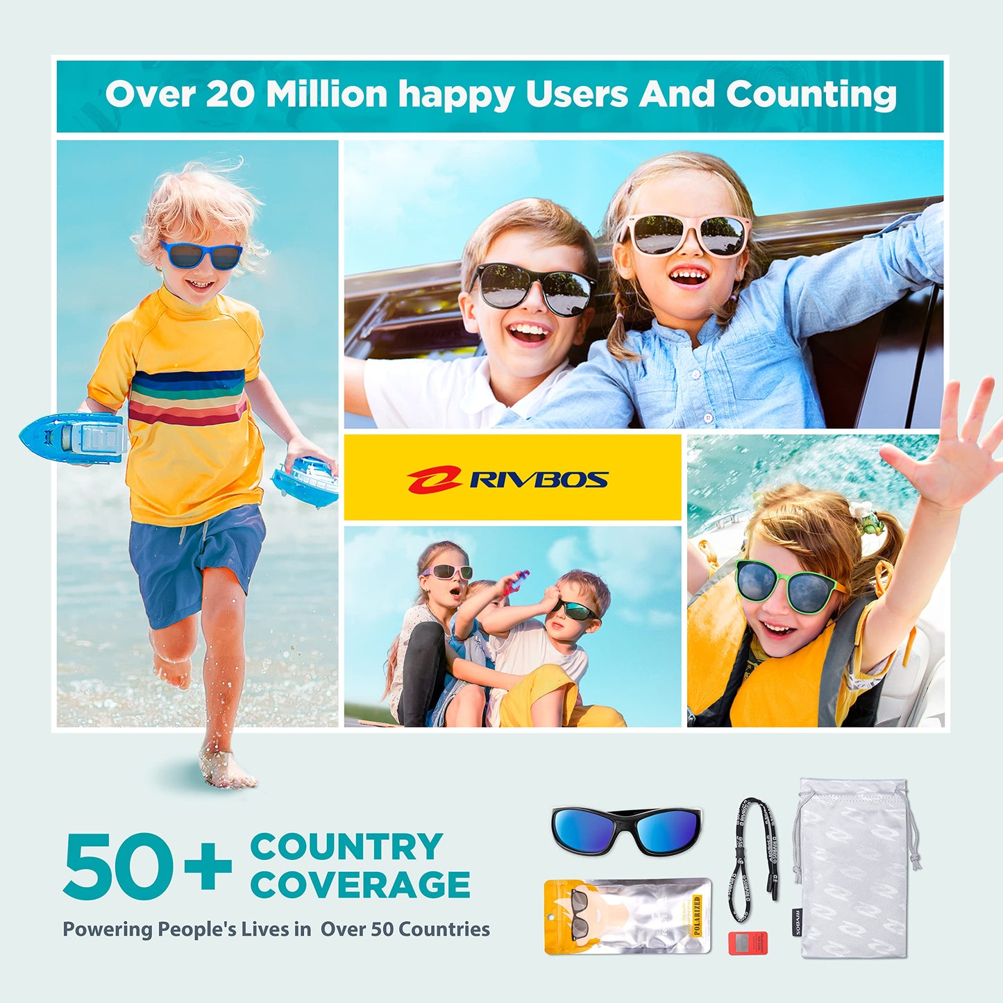 RIVBOS Kids Sunglasses Polarized UV Protection Flexible Rubber Glasses Shades with Strap for Boys Girls RBK037-Black Blue Iced Lens