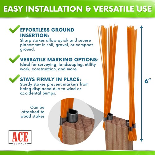 ACE Supply Orange Marking Whiskers - 250 Pack - Durable Marking Whisker Set - Use Survey Whiskers As Survey Stakes, Construction Markers, Or Trail Markers