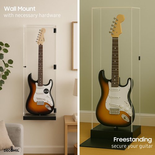 DECOMIL Guitar Display Case 42” – Acrylic Wall Mount or Freestanding Shadow Box Cabinet with Lock, LED Light, UV Protection – Fits Electric Guitars – Secure, Dustproof, Black Frame