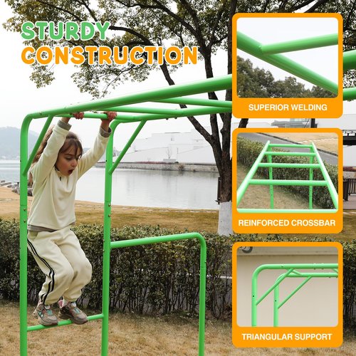 LeisureStar Outdoor Monkey Bar Set with Climbing Frame, Gymnastics bars, Playground Sets for Backyards, Metal Monkey Bars for Kids Age 3 and Up, Backyard Playground Set with Powder Coated Steel, Green
