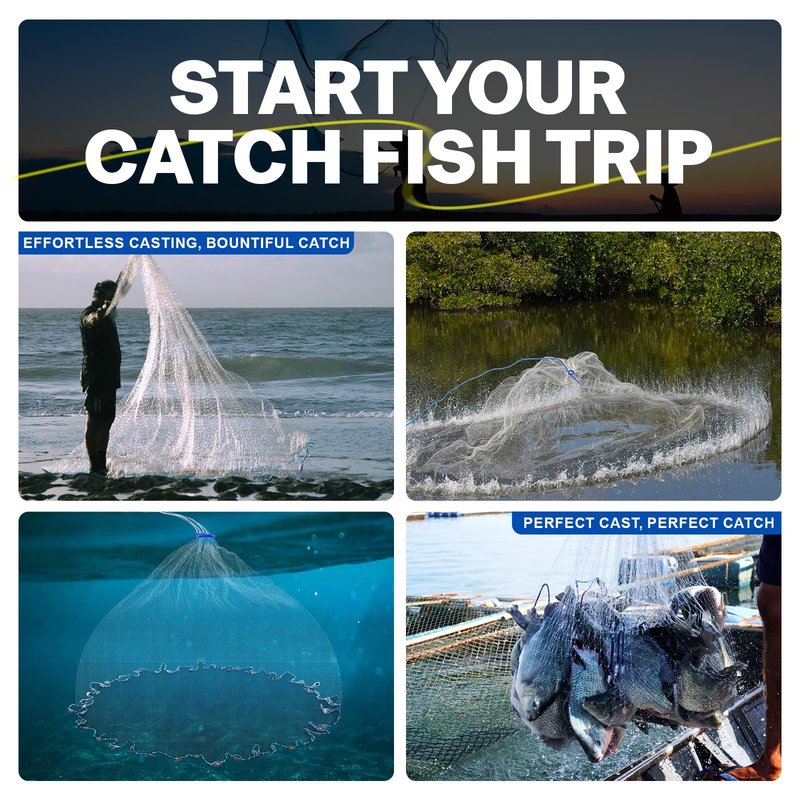 Goture American Fishing Cast Net Saltwater Freshwater, Heavy Duty Sinker, Dual Color Double Selvage, Increased Cast Net Area, 3/8 Mesh Fish Throw Cast Net with Needle for Shrimp Trap, 6Ft Radius