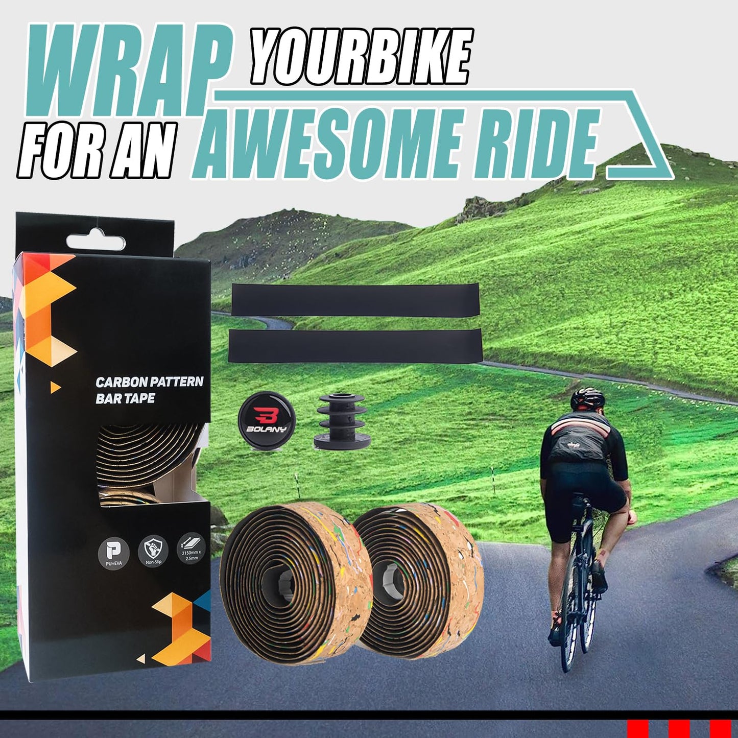 2pcs Bicycle Bar Tape, Bike Handlebar Tape, Road Bicycle Handlebar Tape, Cycling Grip Tape, with 4pcs Handlebar End Plugs, Soft Comfortable, Wear Resistant, Black