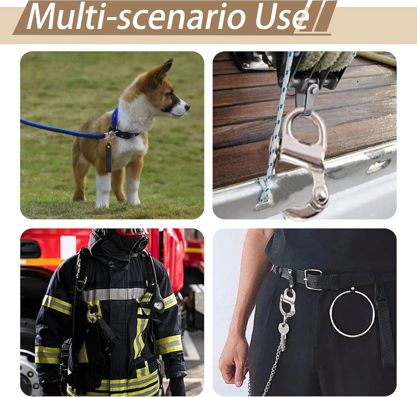 2 Pcs Firefighter Quick Release Shackle with Leather Handle, 316 Marine-Grade Stainless Steel Quick Release Clip, Fixed Snap Shackle Lanyard for SCBA Mask, Sailing Rigging Shackle, Boat Buckle