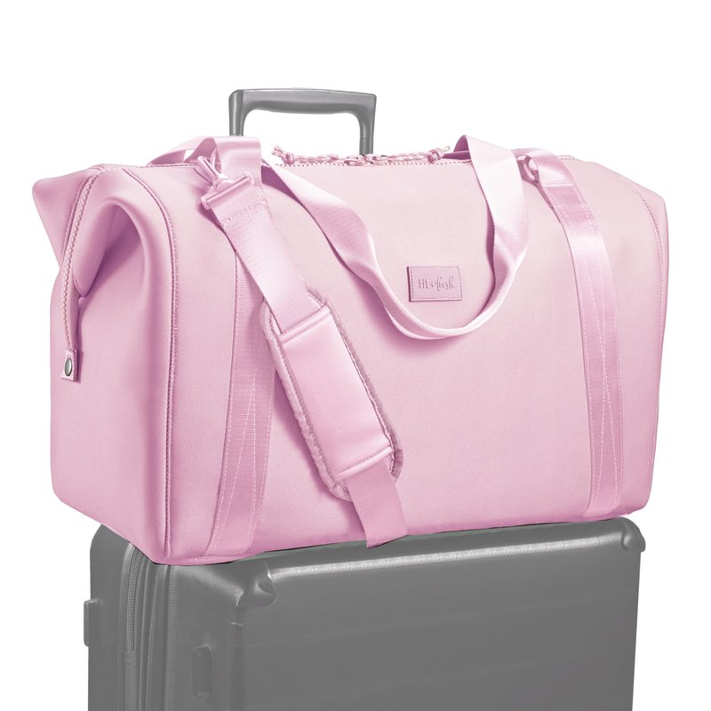 Fit & Fresh Neoprene Weekender Bag for Women – Carry-On Friendly Travel Duffel with Expandable Sides, Trolley Sleeve & Pockets – Lightweight, Water-Resistant Overnight Bag for Weekend Trips, Pink