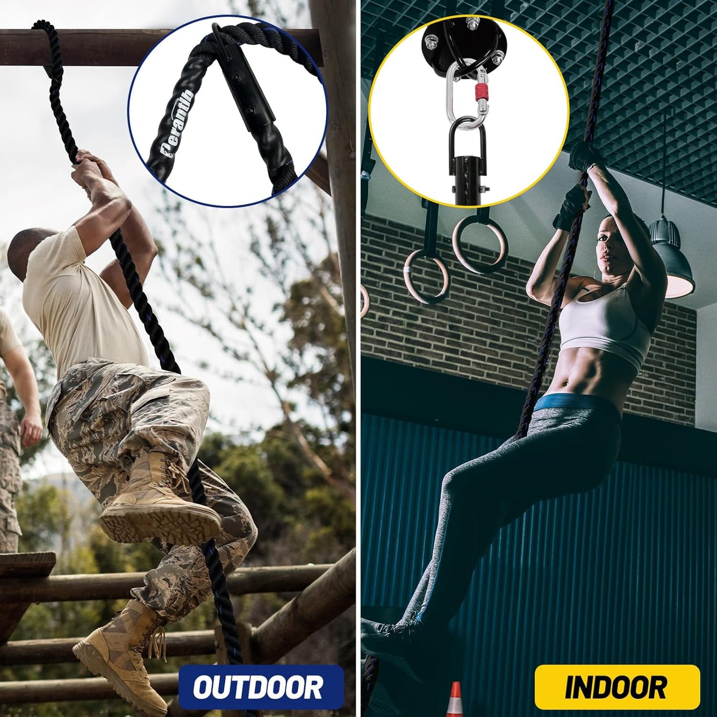 100% Polyester Climbing Rope with Hooks - Heavy Duty 1000LBS Load Capacity, 1.5inch Diameter, 10,15,20,25,30,50ft Length for Outdoor Rock Climbing, Rescue & Escape (20ft)