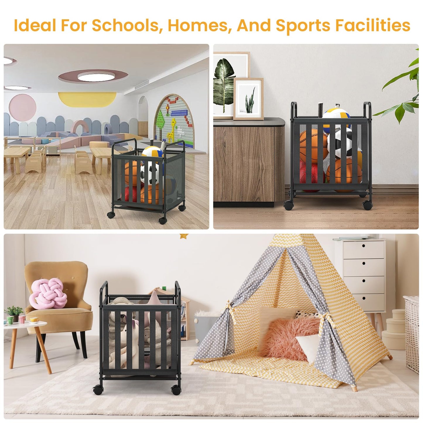 Ball Storage Bin Rolling Storage,Garage Sports Equipment Organizer,Outdoor Toy Box, Gym and Schools, Garage Organization,Can Store basketballs, Footballs and Sports Equipment.(Black)