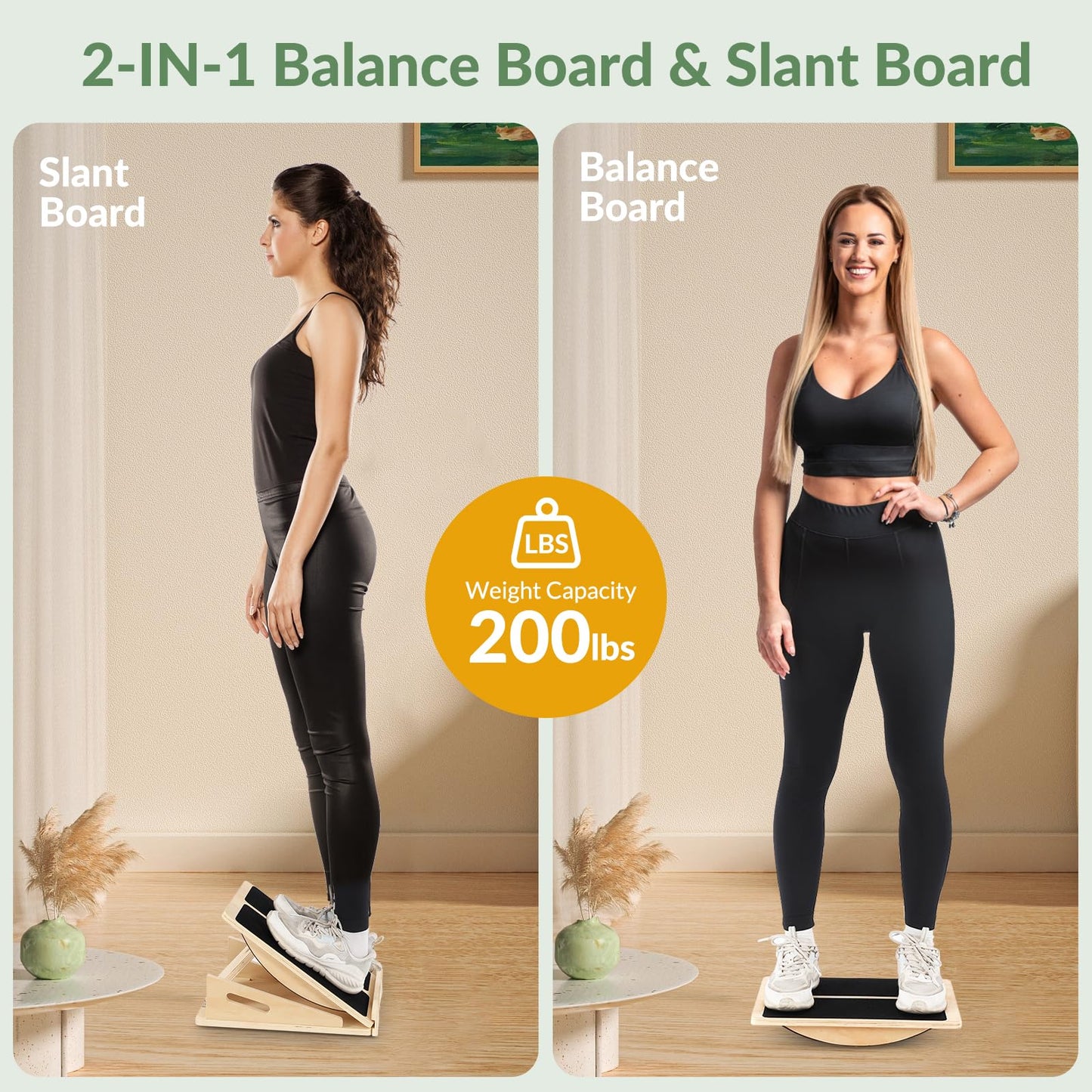 2-in-1 Slant Board&Professional Wooden Balance Board for Calf Stretching, Adjustable Wooden Incline Board, 200 Lbs Weight Capacity Calf Stretch Wedge for Exercise with Training Poster