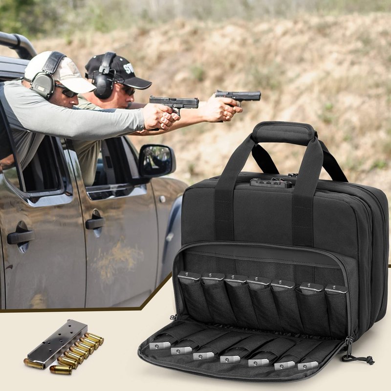 GOBUROS Tactical Gun Range Bag for 4 Handguns and Ammo, Pistol Duffle Bag with TSA Lock and 14x Magazine Slots for Hunting Shooting Range Sport