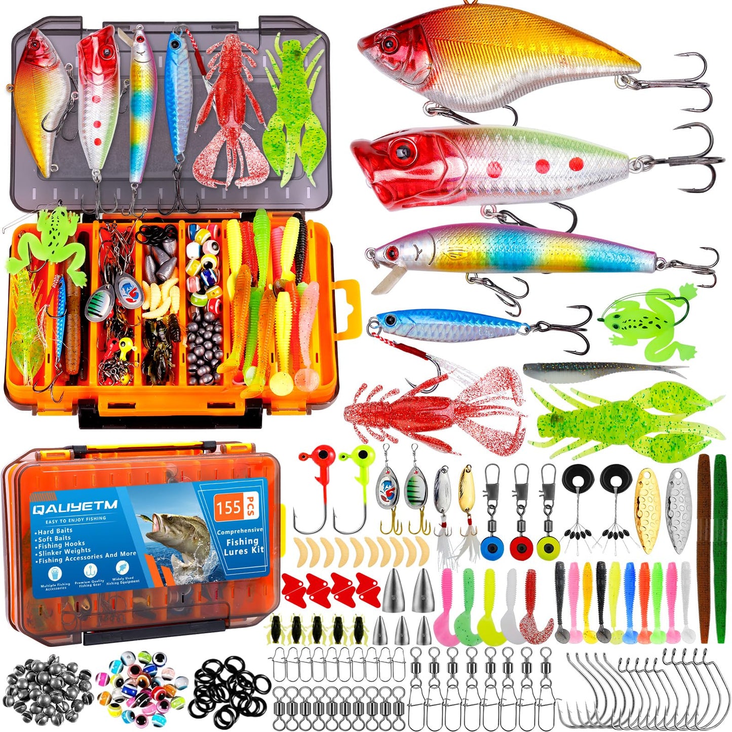 155 Pcs Fishing Lures Kit with Tackle Box Include Fishing Hooks, VIB, Minnow, Spoons, Soft Baits, Weights and Other Accessories, Fishing Gear Gift for Men Bass Freshwater