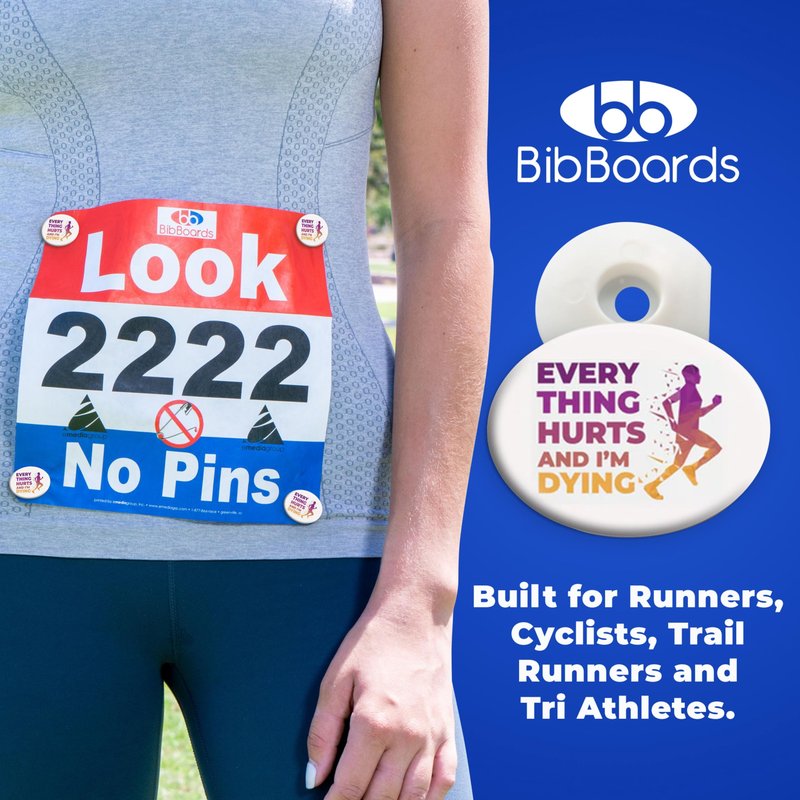 bibSNAPS Race Bib Clips - Safety Lock Fasteners - Secures Running, Marathon, Cycling & Event Number, Non Magnetic, Easy to Use, Soft & Reusable - Replacement for Pins & Magnets, Everything Hurts(4pcs)