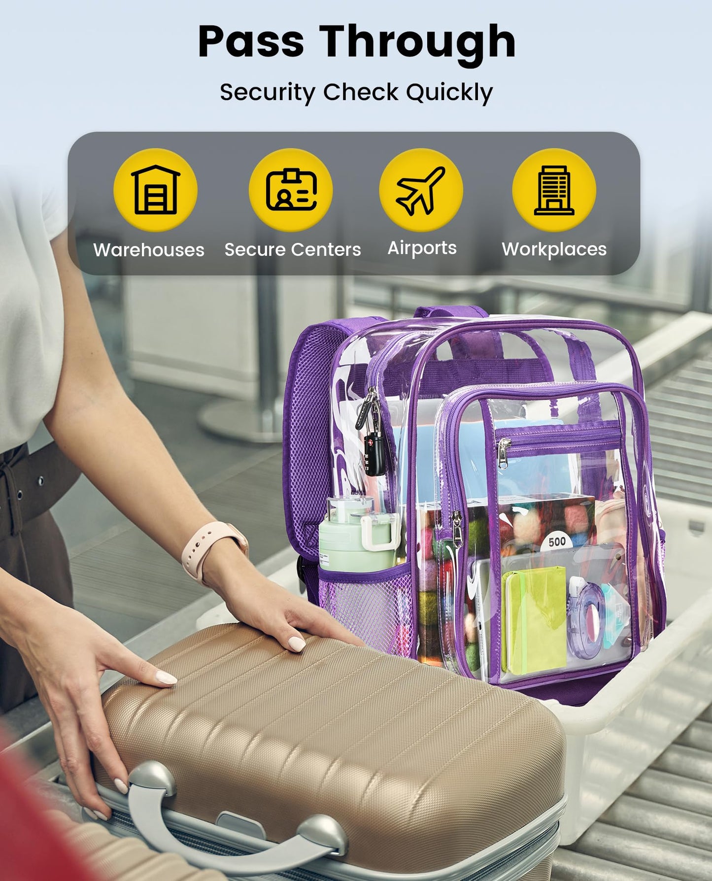 Vorspack Clear Backpack Heavy Duty - Extra Large Clear Backpacks with TSA Lock Transparent See Through Bookbag for School, Work, College, Travel - Purple