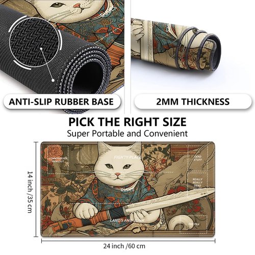 Playmat for MTG,Card Playmat Stitched with Zones for MTG Card Game Playing, TCG and Board Game Mat for Cards,Mousepad Desk Mats,Game Mat 24 x 14 inches-Cat with Sword