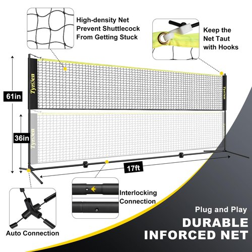 TYRSEN Portable Pickleball Badminton Net Set, 17FT Adjustable Heights All-in-One Net w/4 Pickleball Paddles 4 Badminton Rackets, Freestanding Net for Backyard Family Sports