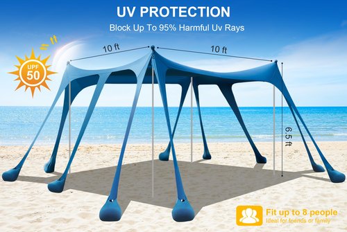 Beach Tent Sun Shelter, Camping Sun Shelter 10 x 10FT with 10 Sandbags, Sand Shovel, Ground Pegs, Stability Poles, Beach Canopy Tent Sun Shade UPF50+ Protection for Camping, Fishing, Backyard