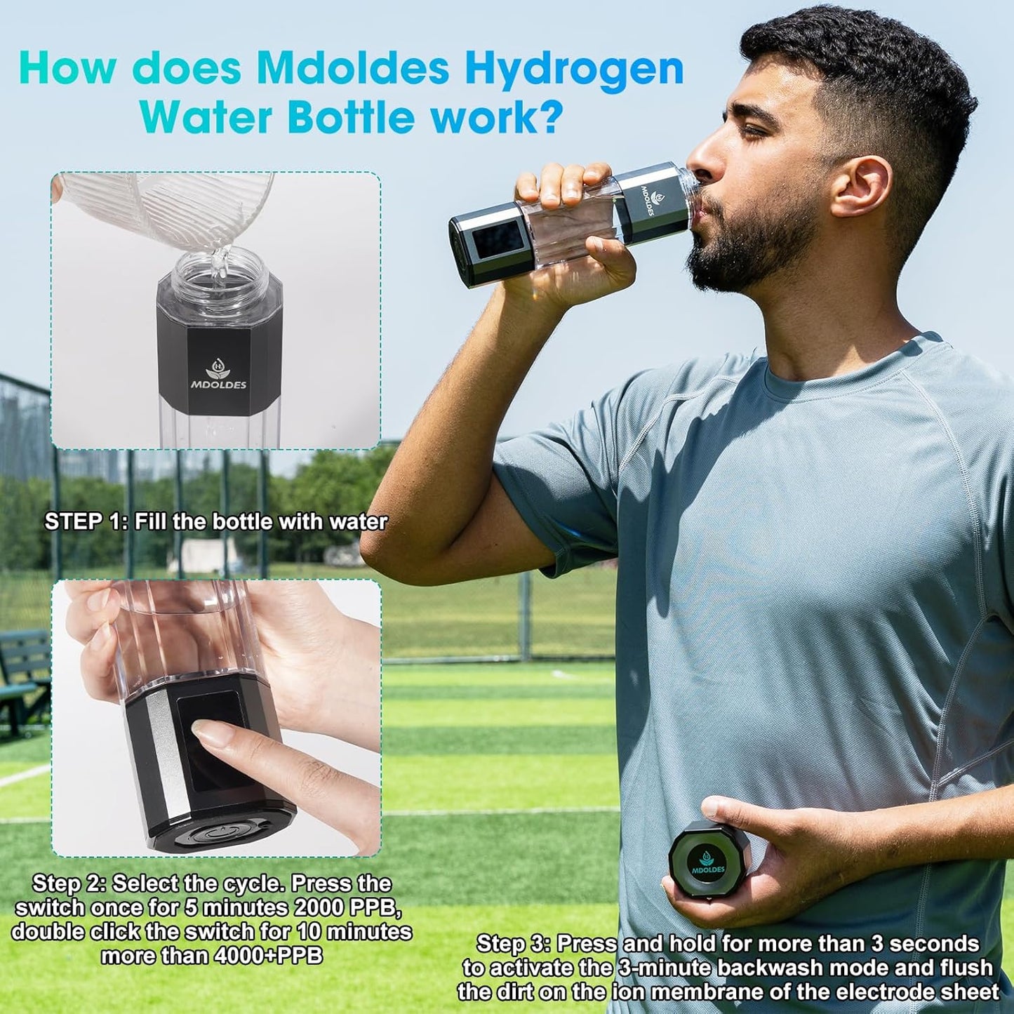 Hydrogen Water Bottle -Mdoldes- Concentration up to 4.0+PPM-SPE and PEM Technology Hydrogen Water Bottle,Certified H2 Generator, H2 Half-Life: 80 Minutes, Blood Sugar lowering, 10.15 oz (Gun Grey)