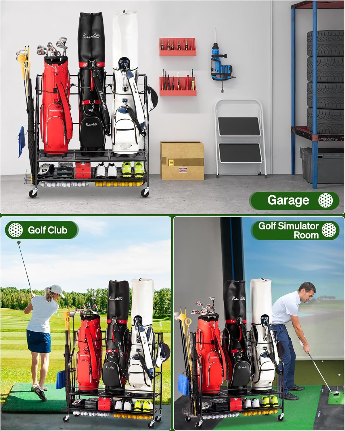 3 Golf Bag Storage Garage Organizer, Golf Bag Stand Fit for 3 Golf Bags, Golf Clubs, Golf Balls, Golf Equipment Accessories, Golf Bag Storage Rack with Wheels for Garage, Club, Shed, Basement
