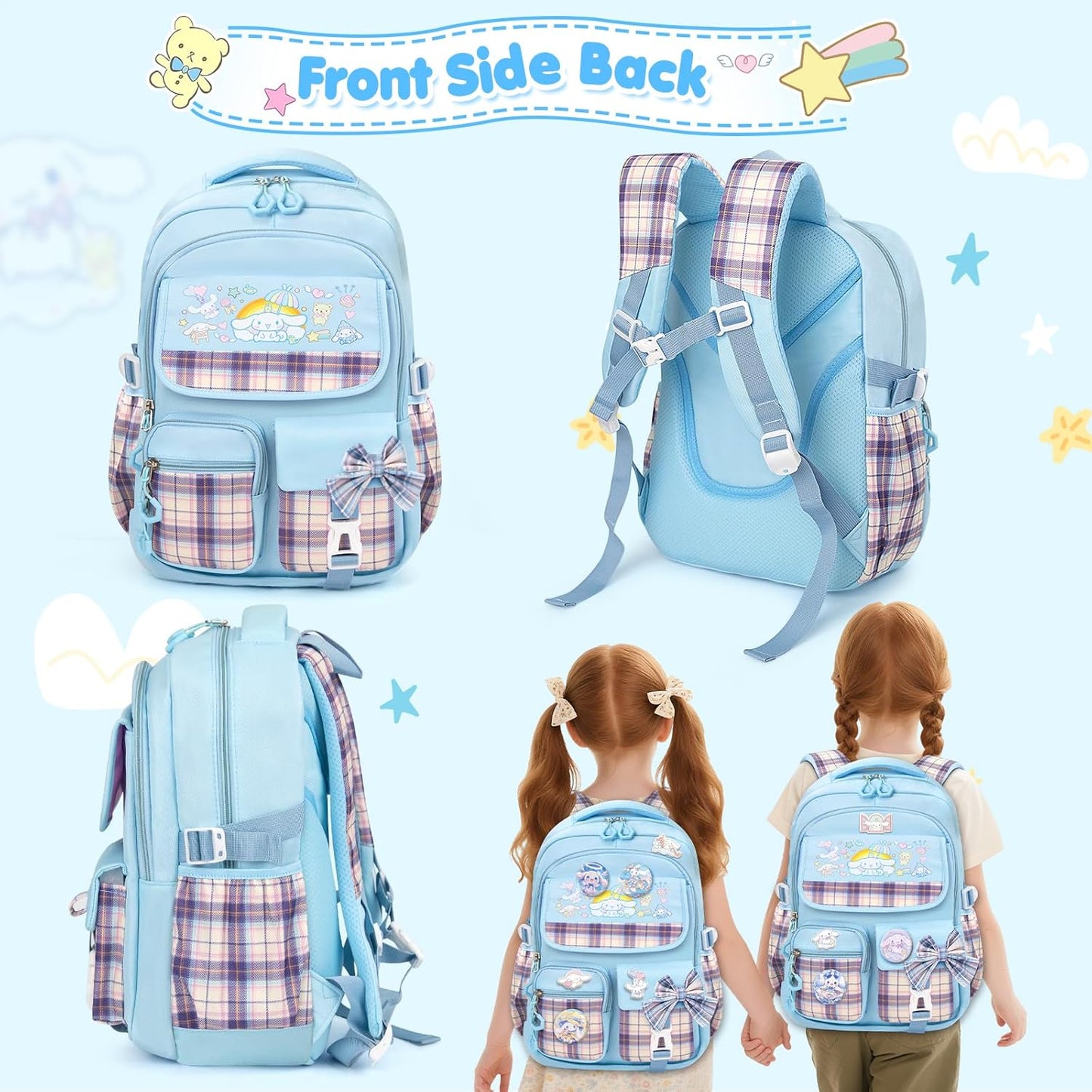 16.5/19IN School Backpack for Girls with 24Pcs Accessories, Anti-Theft Kids Backpack for Students Aged Between 4-8 Years Old/9 Years Old and Above, New Semester Presents with Pins and Card Holder