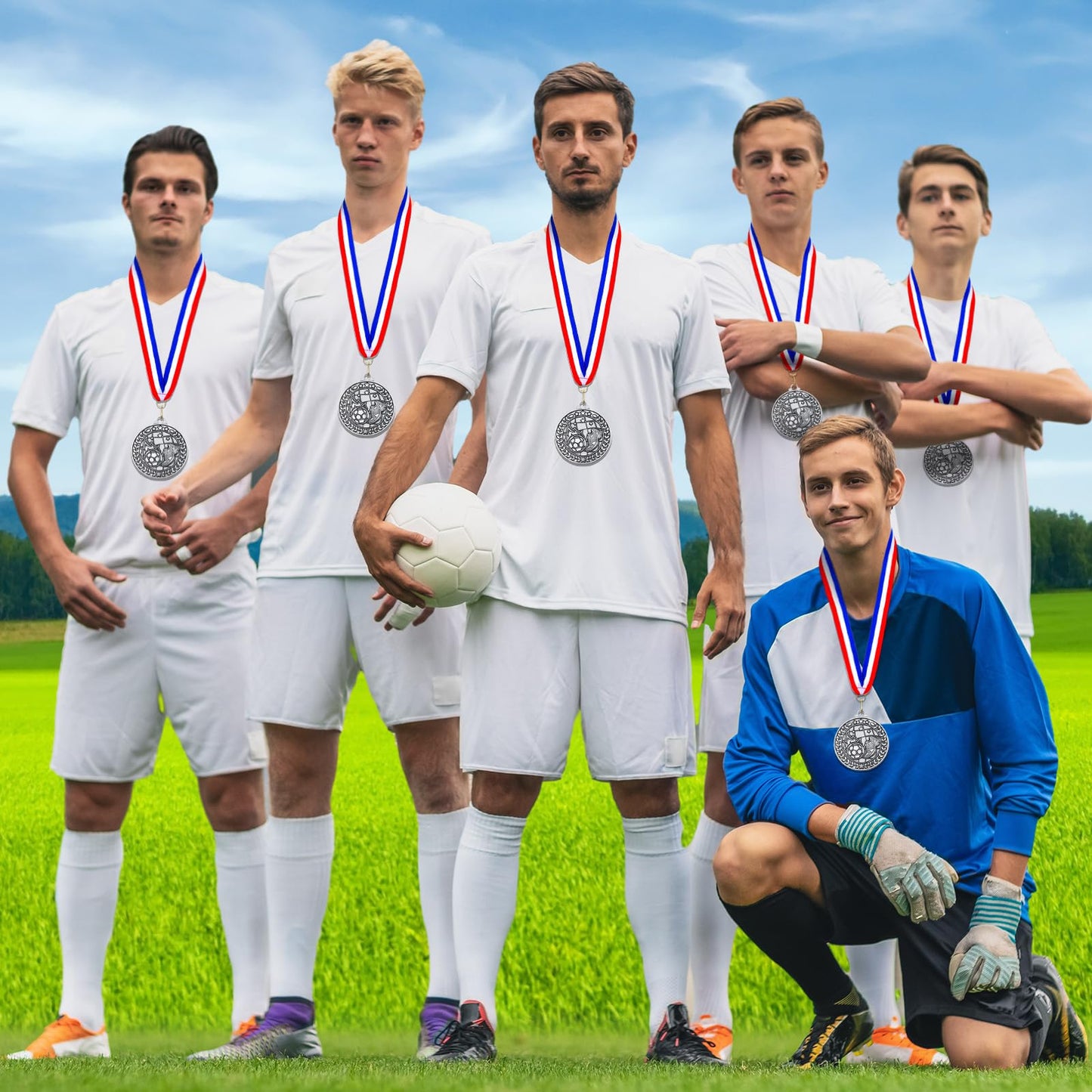 Remuuly 30 Pcs Silver Medals Bulk 2'' Basketball Soccer Volleyball Hockey Medals for Awards Metal Trophy with Neck Ribbons for Sports Participation Winner Tournaments Gift(Soccer)