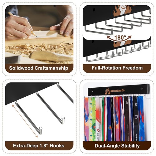 Wall-Mounted Medal Hooks Display Organizer - 14 L-Shaped Metal Hooks with Engraved Never Give Up Wood Plaque | Award Trophy Rack for Sports, Race Bibs, Necklaces & Keys (Black, Never Give Up)